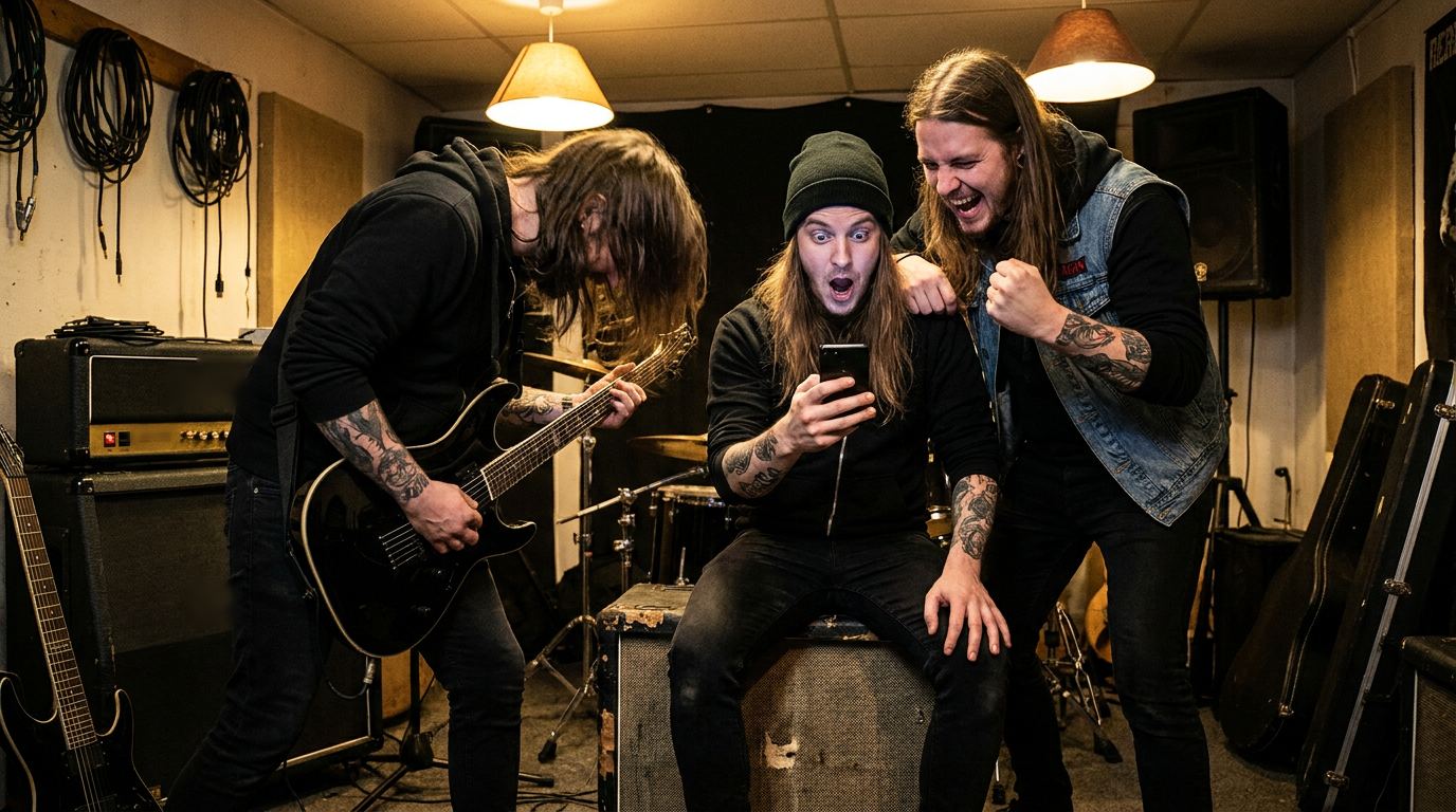 A band in their rehearsal room reacting to something on a phone