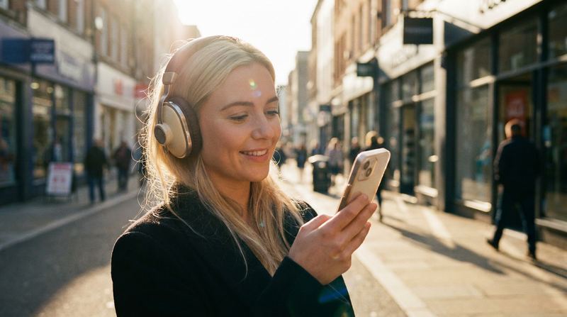 A woman in headphones smiling at her phone on a sunny shopping street